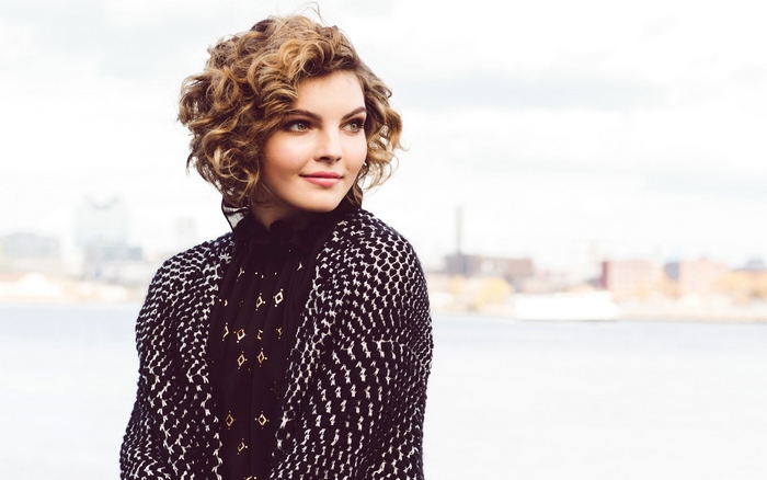 Camren Bicondova in a patterned coat