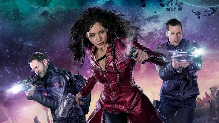Hannah John-Kamen and two men with guns in space