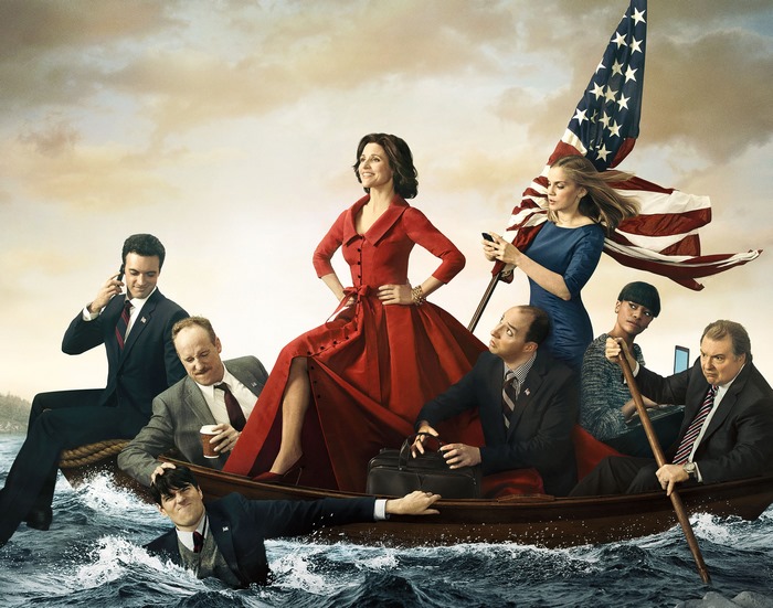 Veep Cast in a Boat with American Flag