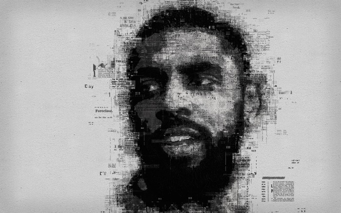Kyrie Irving portrait made of newspaper clippings
