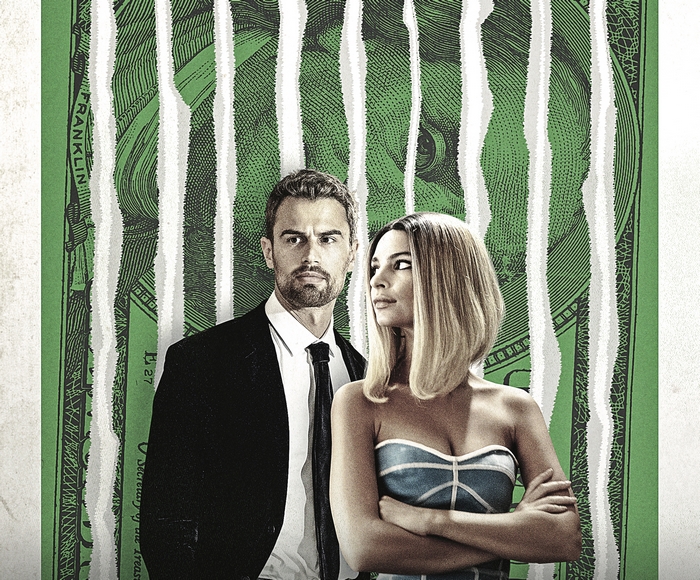 Theo James and Emily Ratajkowski in front of a torn dollar bill