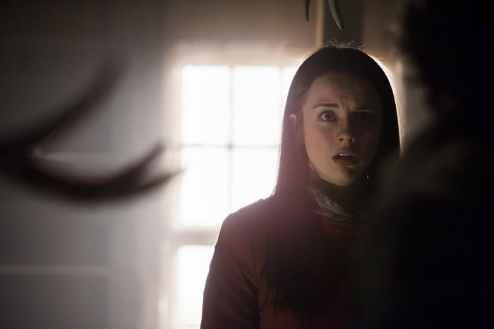 Caroline Dhavernas in a dimly lit room