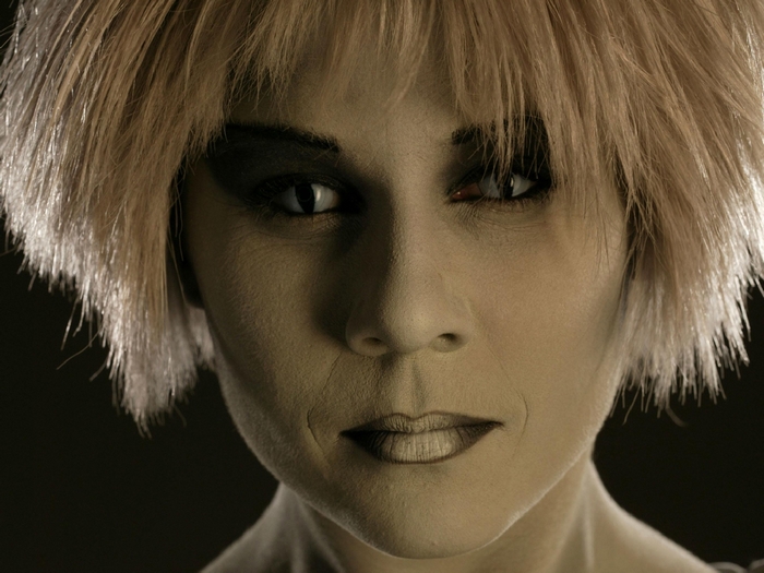 Gigi Edgley with theatrical makeup