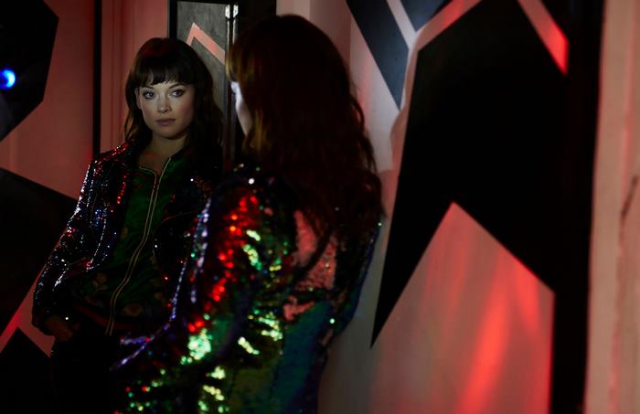 Jane Levy in a sequined jacket