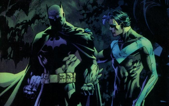 Batman and Nightwing in a dark forest