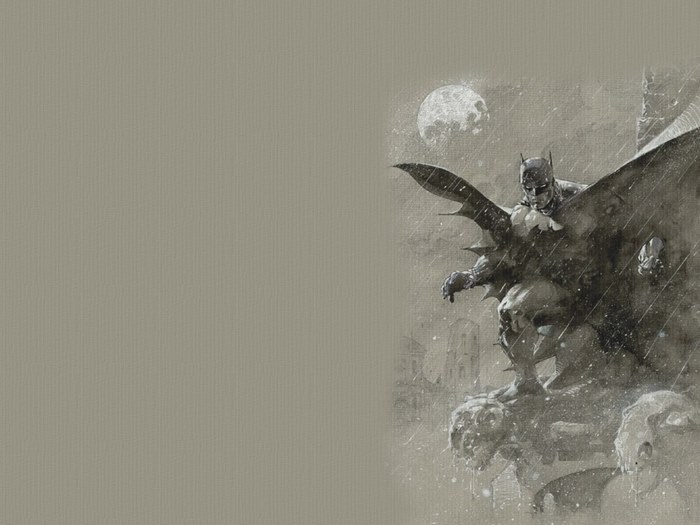 Batman on a gargoyle in the rain