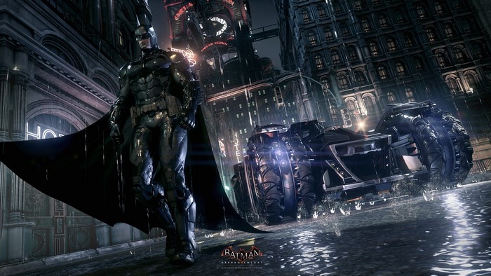 Batman from Batman: Arkham Knight with the Batmobile