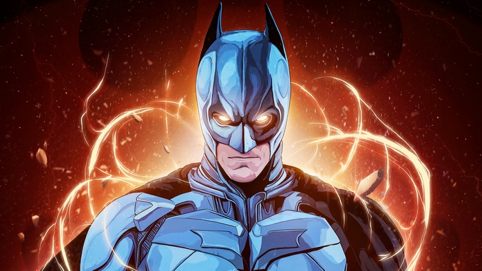 Batman in blue suit with glowing eyes
