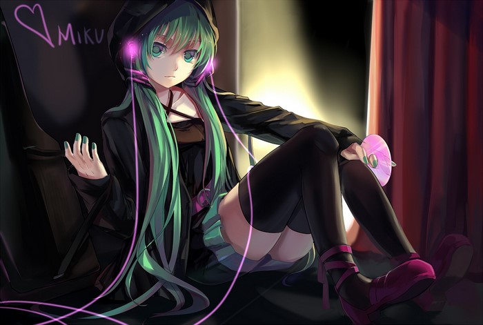 Hatsune Miku with headphones and CD