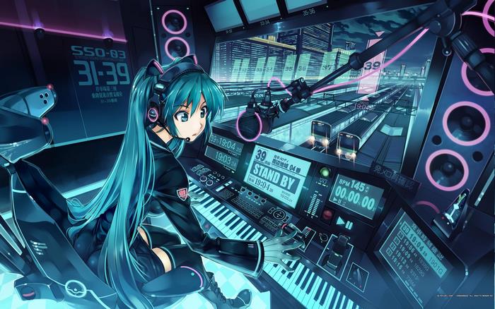 Hatsune Miku at a control panel with trains in background