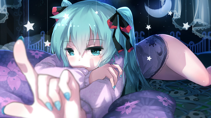 Hatsune Miku in Pajamas on a Starry Night