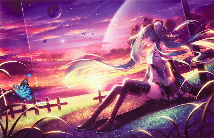 Hatsune Miku sitting in a field at sunset