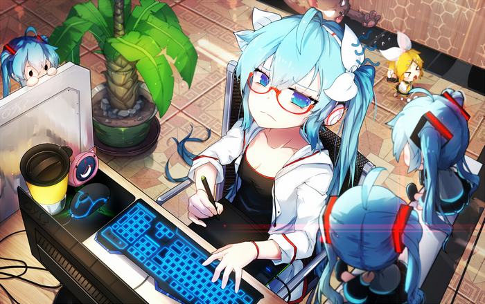 Hatsune Miku and friends at a computer desk