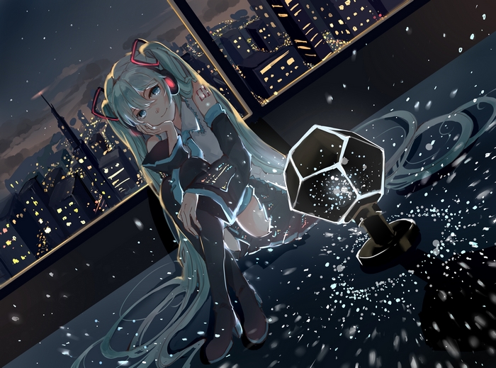 Hatsune Miku on a rooftop at night