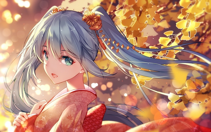 Hatsune Miku in Kimono with Ginkgo Leaves