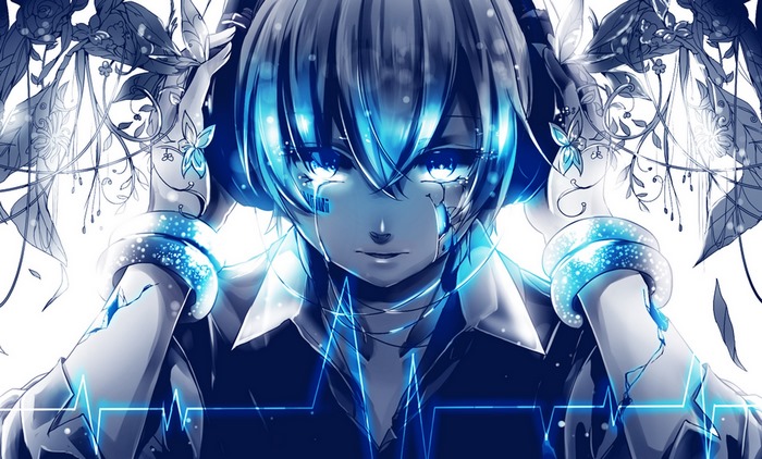 Hatsune Miku with blue glowing eyes and headphones