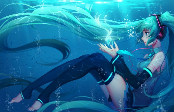 Hatsune Miku underwater with glowing creature