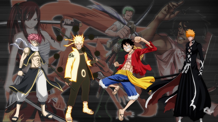Natsu, Naruto, Luffy, Zoro, Ichigo, and Erza