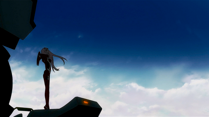 Zero Two Standing on Mecha Against Blue Sky