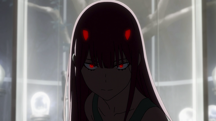 Zero Two with Glowing Red Eyes and Horns