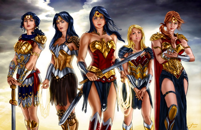 Five Wonder Women standing together