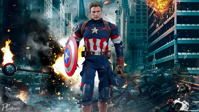Captain America in a destroyed city