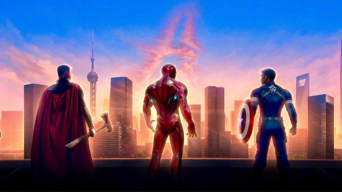 Captain America, Iron Man, and Thor in Shanghai