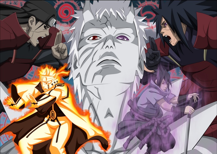 Naruto, Sasuke, Madara, Hashirama, and Obito