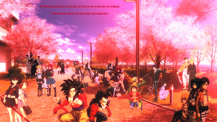 Anime characters in a park with cherry blossoms