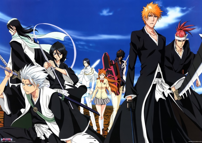 Bleach characters standing against a blue sky