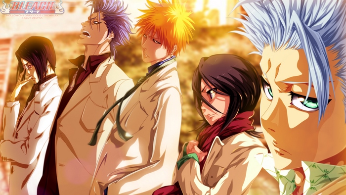 Bleach characters Rukia Kuchiki, Ichigo Kurosaki, Renji Abarai, Byakuya Kuchiki, and Toshiro Hitsugaya
