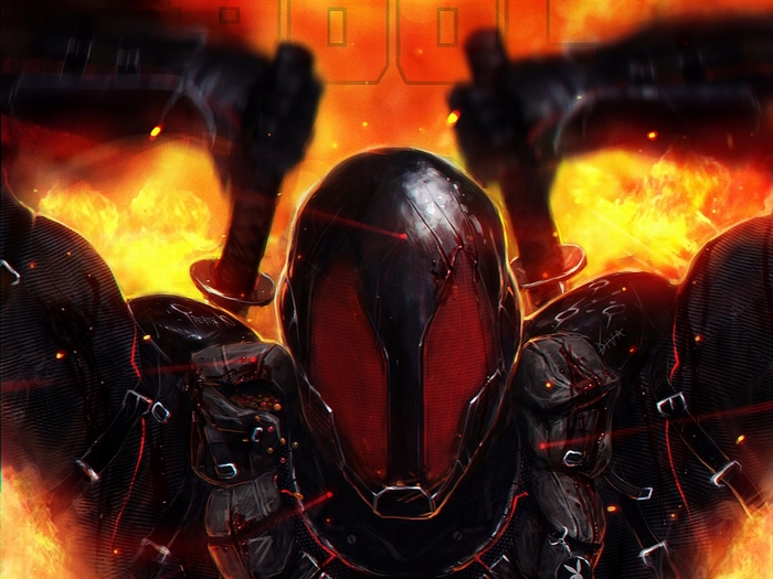 Deadpool in front of flames with swords