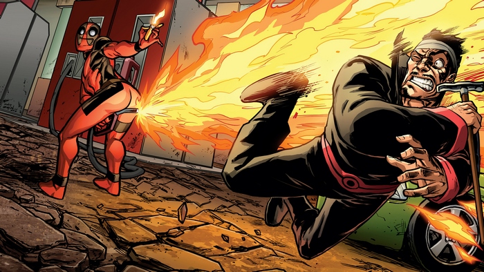 Deadpool using a flamethrower from his rear