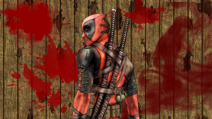 Deadpool with swords and grenade on wooden background