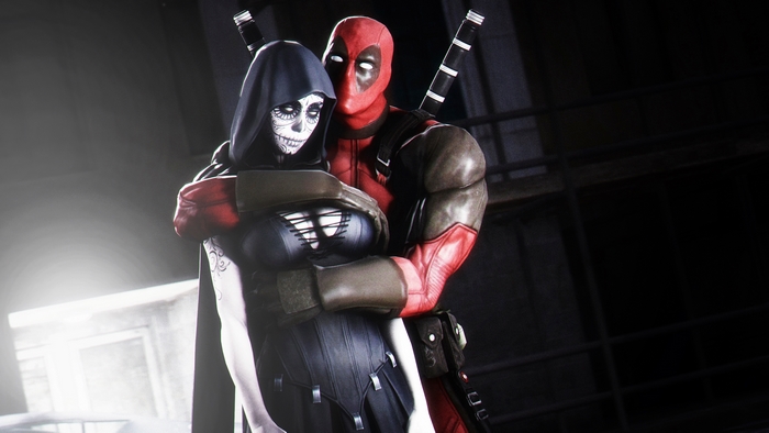 Deadpool embracing a woman with skull face paint