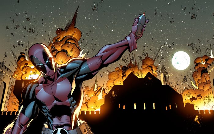 Deadpool detonating explosives in a city at night