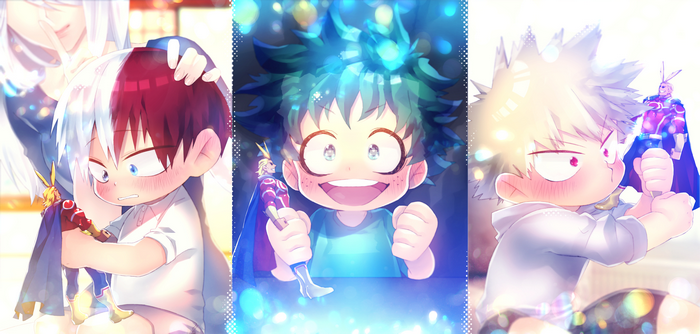 My Hero Academia: Deku, Todoroki, and Bakugo with All Might figures