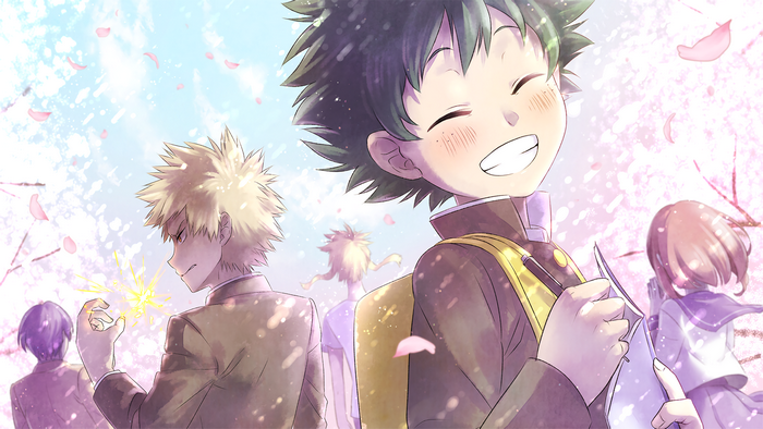 Izuku Midoriya and friends under cherry blossoms