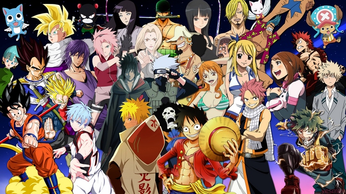 Anime characters from Dragon Ball, Naruto, One Piece, Fairy Tail, My Hero Academia