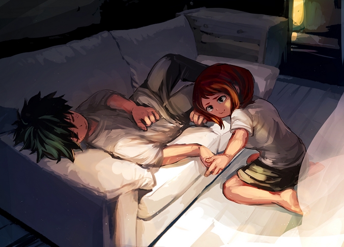 Izuku Midoriya and Ochaco Uraraka lying on a bed