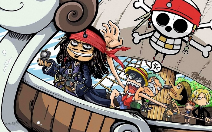 Captain Jack Sparrow and One Piece characters on a ship