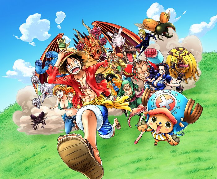 One Piece characters running on a grassy field