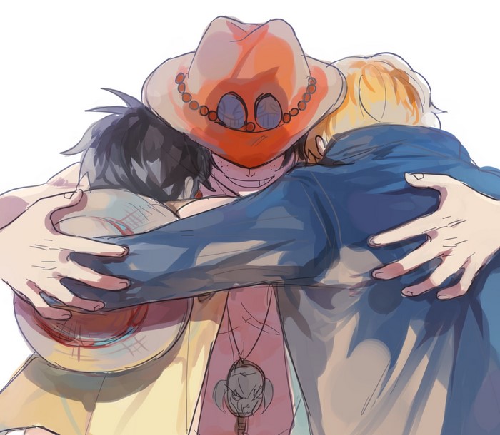 Ace, Luffy, and Sabo from One Piece hugging