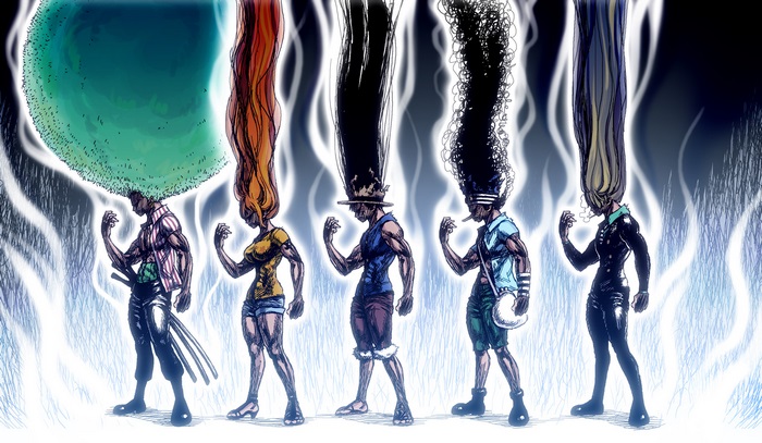 Straw Hat Pirates with exaggerated hairstyles