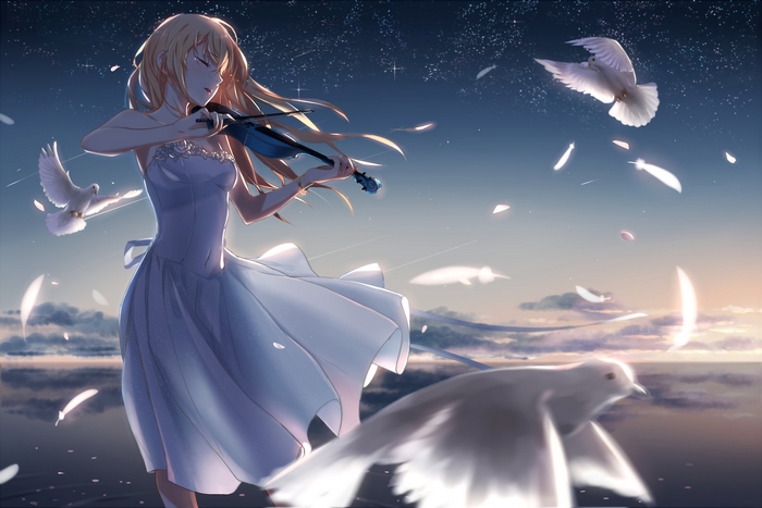 Kaori Miyazono playing violin with doves