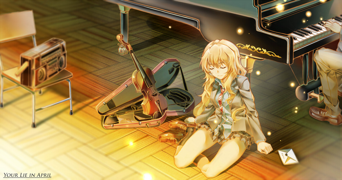 Kaori Miyazono resting by the piano with violin