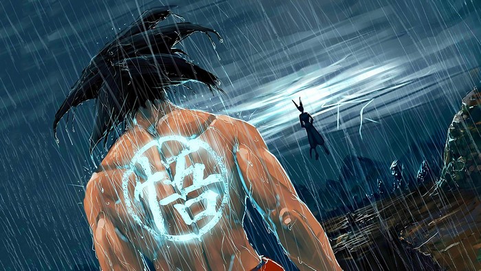 Goku Standing in the Rain with Symbol on Back