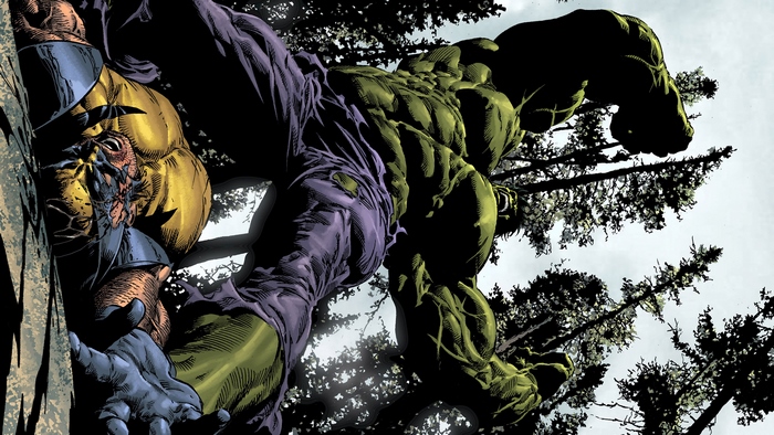 Hulk and Wolverine fighting in a forest