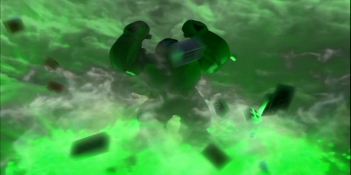 Hulk in green smoke with debris