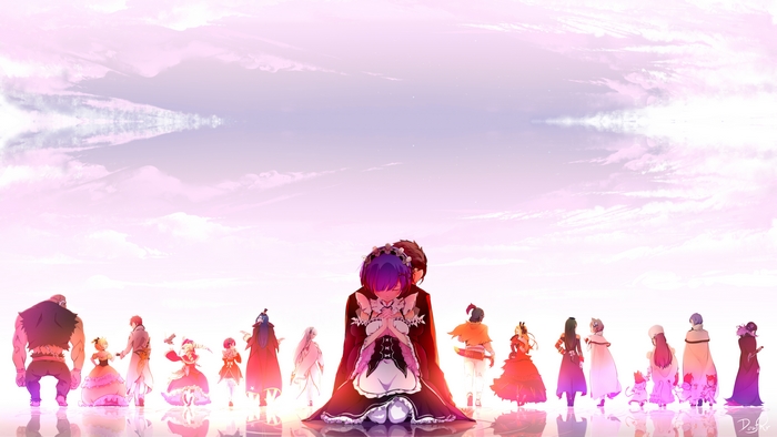 Characters from Re:ZERO in front of a sky